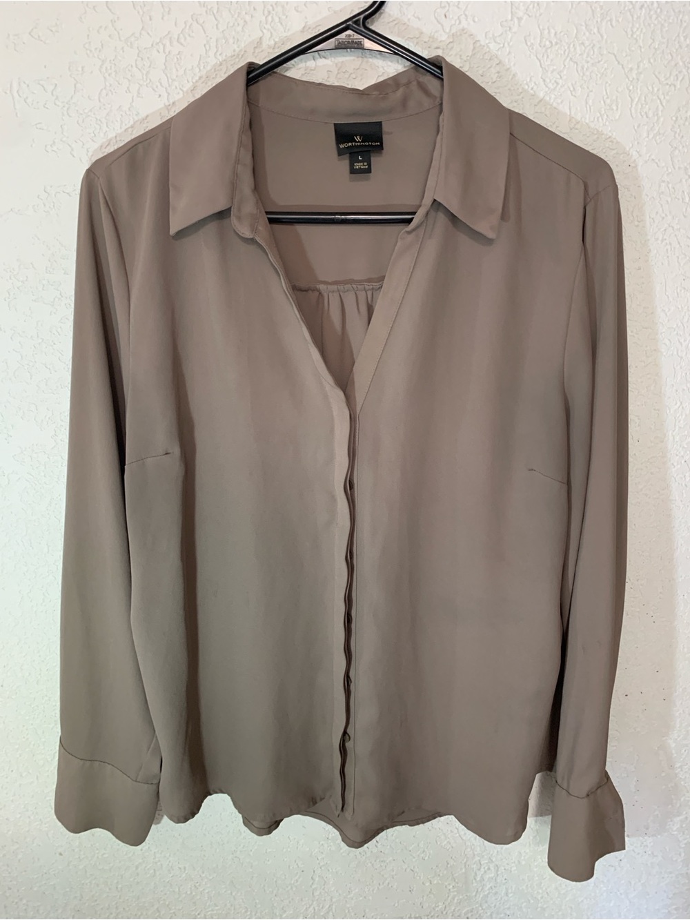 Worthington Taupe Button-Front Shirt Blouse